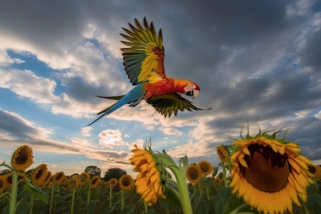 Papegaai vliegt langs zonnebloemveld met dramatische lucht op de achtergrond gemaakt met generatieve AI