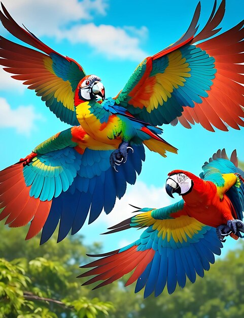 Foto papegaaien vliegen net boven de grond helderrode en blauwe zuid-amerikaanse papegaaien gegenereerd ai
