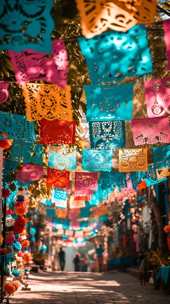 Papel Picado Banners Adorning a Sunny Street in Mexico