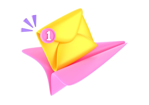 Paper airplane with mail envelope and notification icon 3d render Send email or message in social media subscribe to newsletter Isolated cartoon flying plane with letter and notice 3D illustration