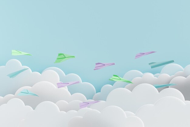 Photo paper airplanes flying over transparent clouds