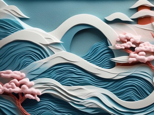 paper art background with waves and flowers