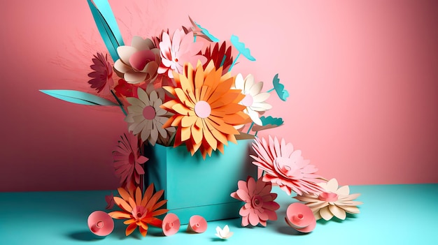 Paper Art Basket of Beautiful Flowers Generative AI