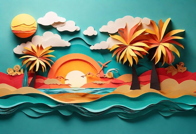 紙で描いた海とビーチ 3D レンダリング