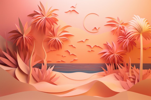 Paper art of a beach with palm trees and the sun