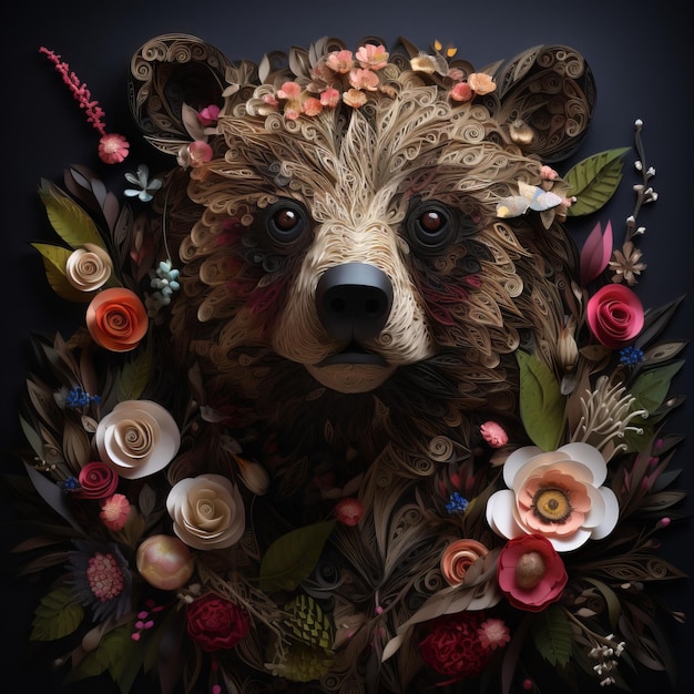 Paper art of a bear with flowers