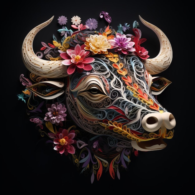 Paper art of a bull with flowers