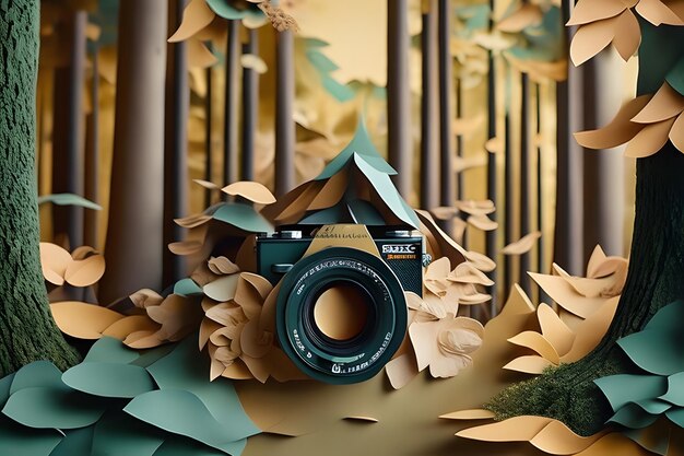 paper art camera in the forest paper art style a generated