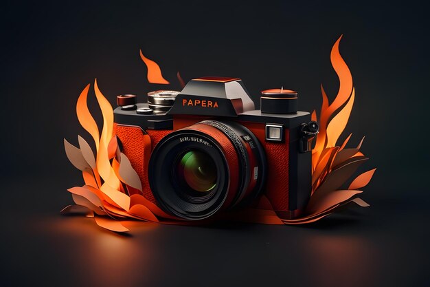 paper art camera with fire dark background paper art style ai generated