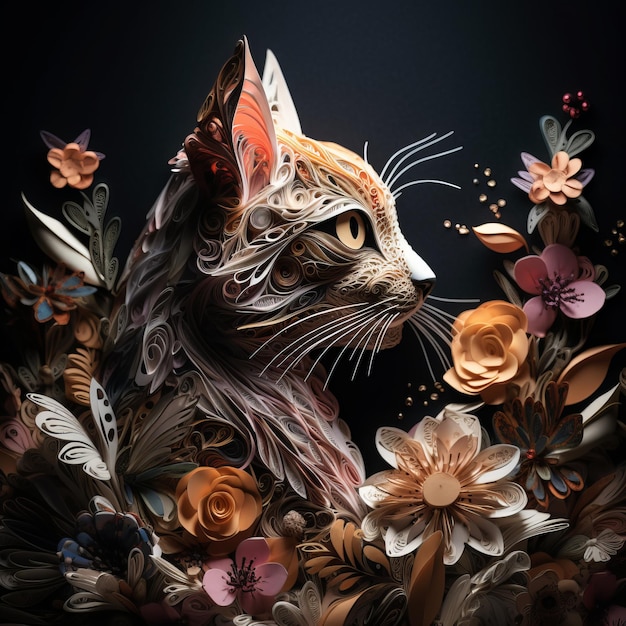 Photo paper art of a cat with flowers