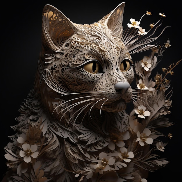 Paper art of a cat with flowers