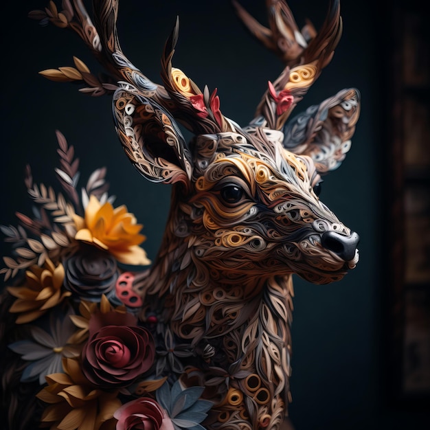 Paper art of a deer with flowers