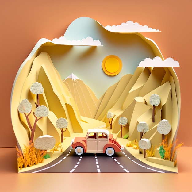 Paper art design Summer Road Trip Auto op een schilderachtige route voor een weekendje weg