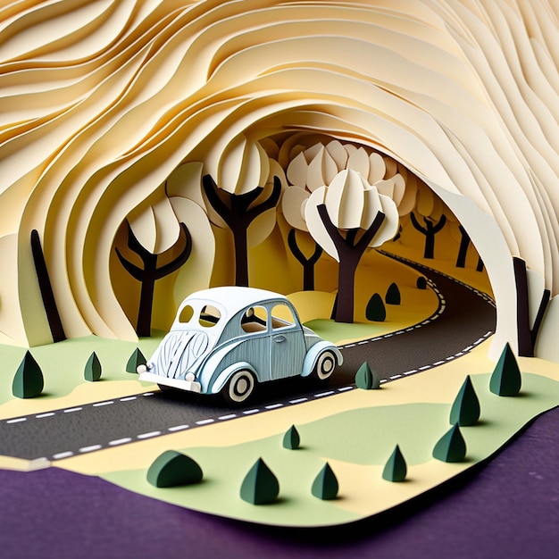 Paper art design Summer Road Trip Car on a Scenic Route for Weekend Getaway