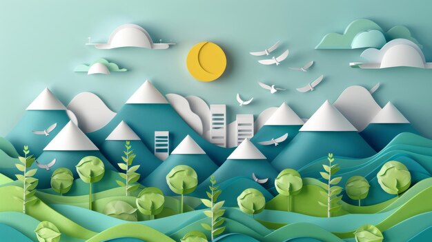 Photo paper art and digital craft style illustration of an ecofriendly landscape with buildings and nature