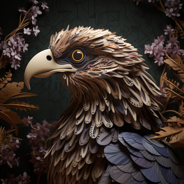 Paper art of an eagle with flowers