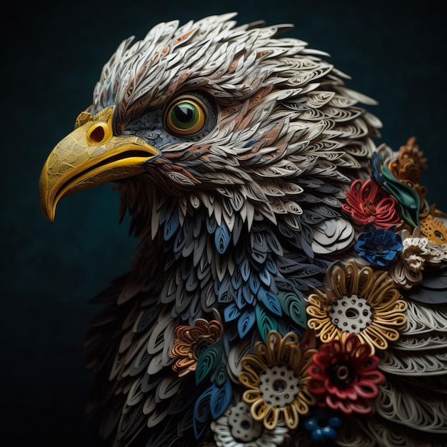 Paper art of an eagle with flowers