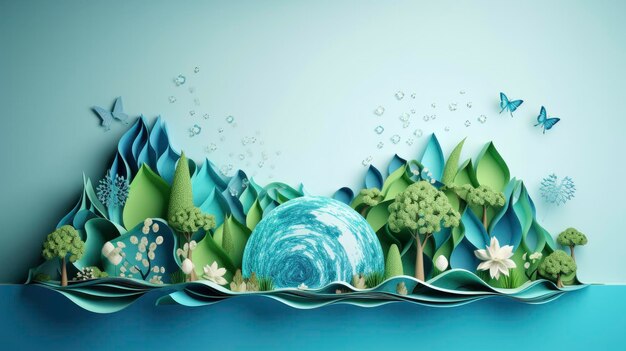写真 紙アート エコロジーと世界水の日 水を節約し 世界環境の日 環境保護と地球の水を節約する