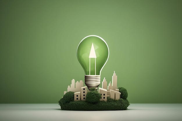 写真 ペーパーアートエコロジーコンセプト 電球グリーンエコシティ 再生可能エネルギーが世界を救う アイデアコンセプト ジェネレーティブai