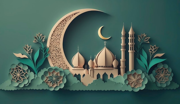 Paper art eid mubarak ramadan kareem rmadan kareem greeting card ramadan kareem banner ramadan kareem card eid mubarak ramadan eid mubarak template Generate Ai