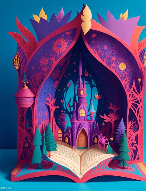 Paper art of fairy tale book colorful magical castle