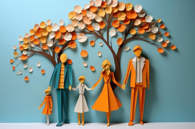 Paper art family with autumn tree background