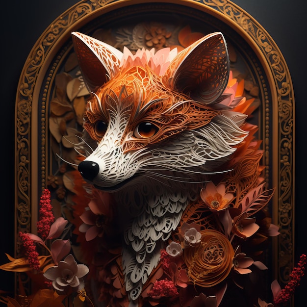 Paper art of a fox with flowers