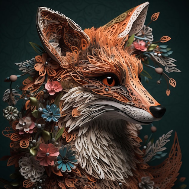 Paper art of a fox with flowers