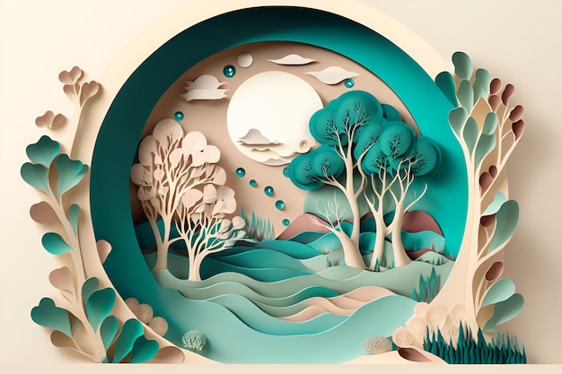 Paper art Green planet Earth of the tourist sphere natural nature forest mountains lake birds animals Generate Ai