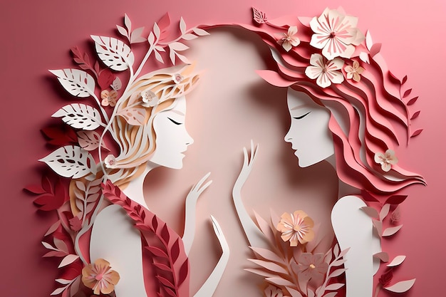 Paper art Happy women's day 8 march with women of different frame of flower women's day specials offer sale wording isolate Generate Ai