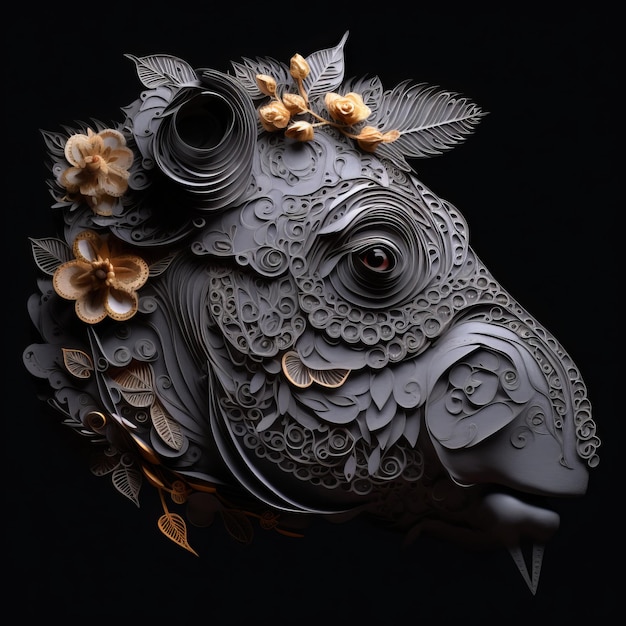 Paper art of an hippo with flowers