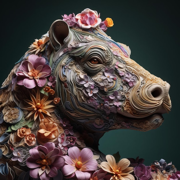 Paper art of an hippo with flowers