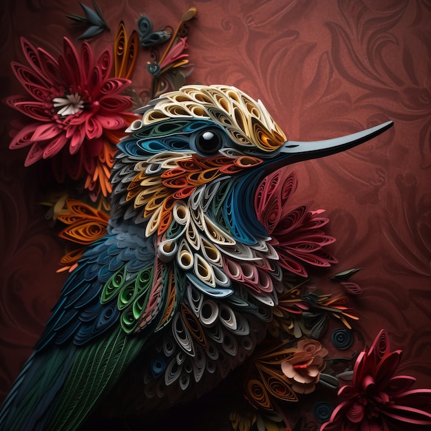 Paper art of an hummingbirdl with flowers