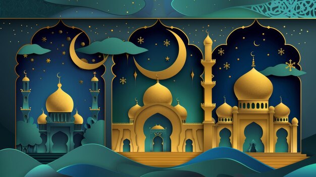 A paper art Islamic holiday template set with an arabesque pattern a mosque and a crescent moon