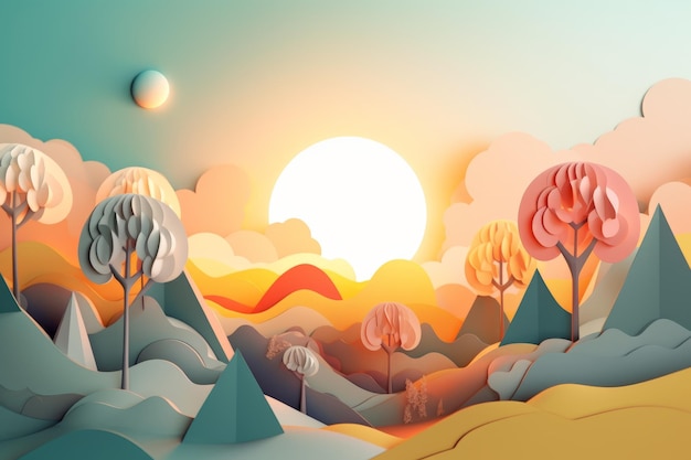 Paper art of a landscape with trees and mountains.