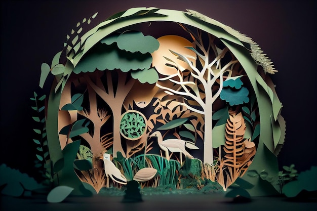 Paper art landschap met bomen en planten Paper craft stylegenerative ai