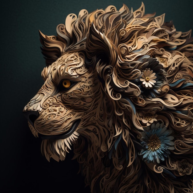 Photo paper art of a lion with flowers