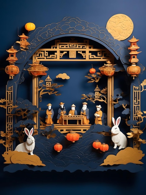 Бумажный дизайн Фестиваля середины осени с раввинами вокруг китайской оконной рамы на темно-синем фоне