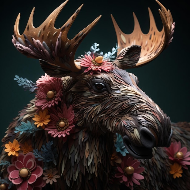 Paper art of a moose with flowers