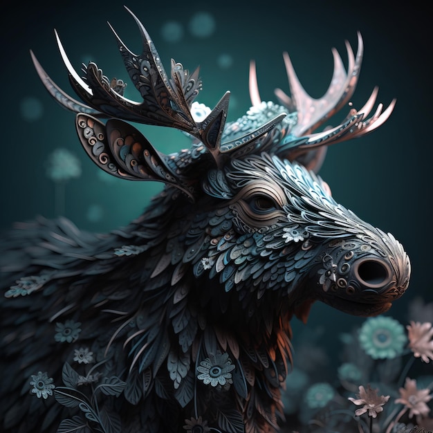 Paper art of a moose with flowers