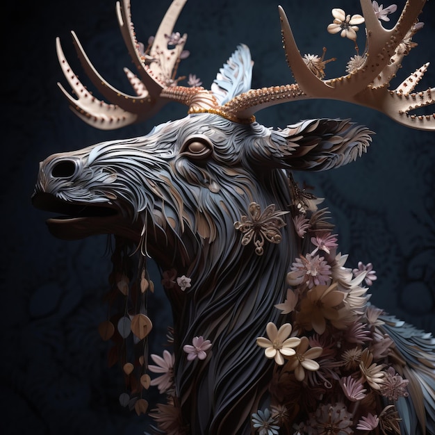 Paper art of a moose with flowers