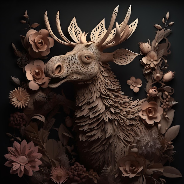 Paper art of a moose with flowers