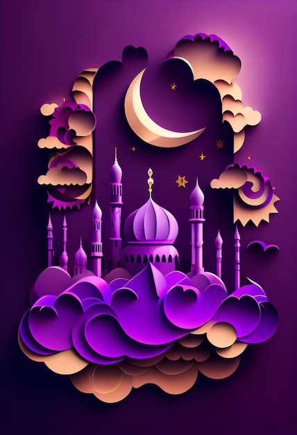 Paper art mosque in clouds on a purple background 1