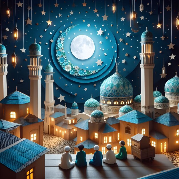 Paper Art of Mosque Silhouette during Holy Ramadan Night Ramadan Kareem Greeting with Crescent Moon