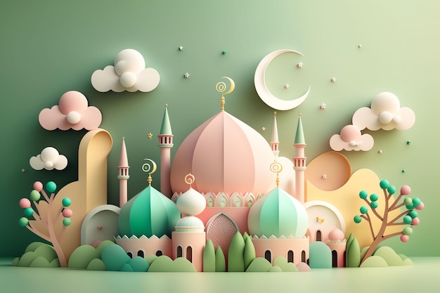 달과 별이 있는 모스크의 종이 예술