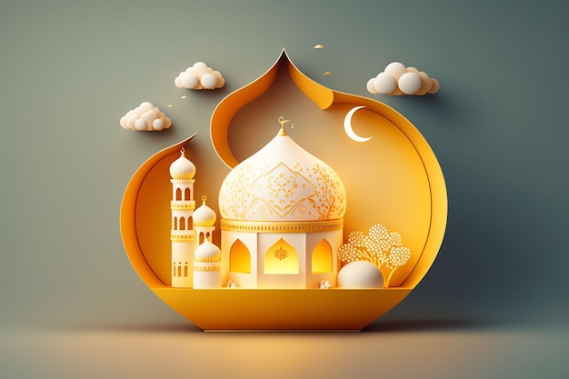 Paper art of a mosque with a moon and stars