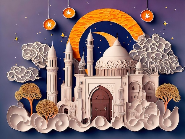 Paper art of a mosque with the moon and stars