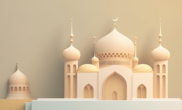 Paper art of a mosque with a moon and a tree on the top.