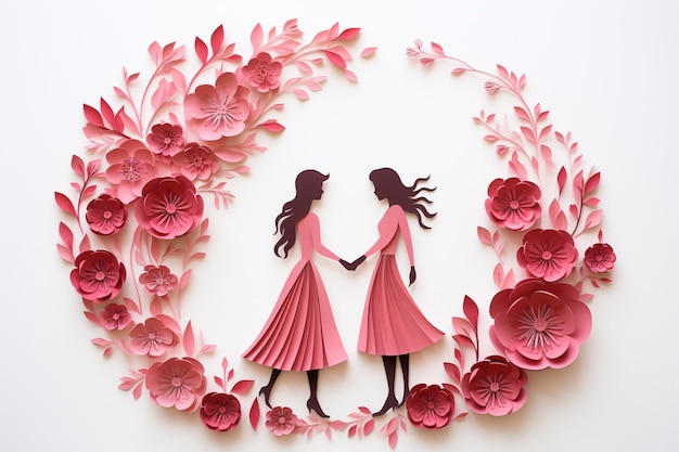 Photo paper art of mother and daughter with pink flowers on white background