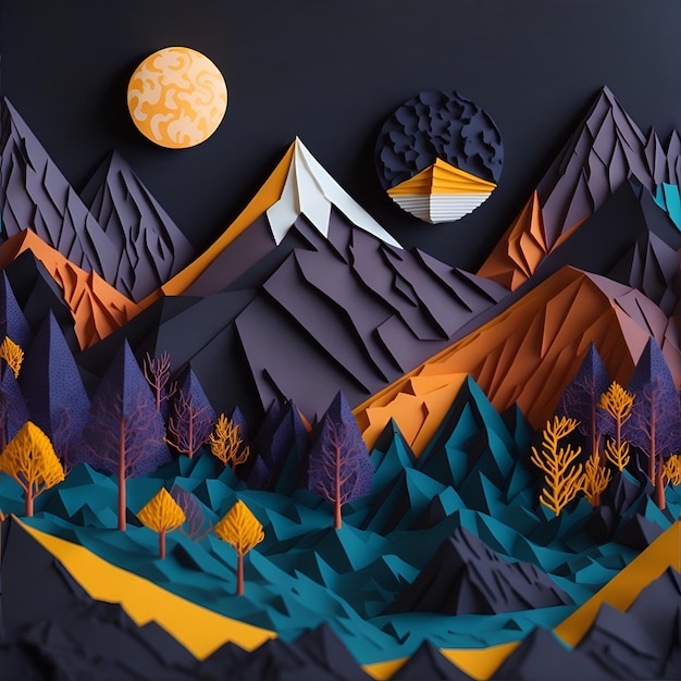 Paper art of mountain view at night